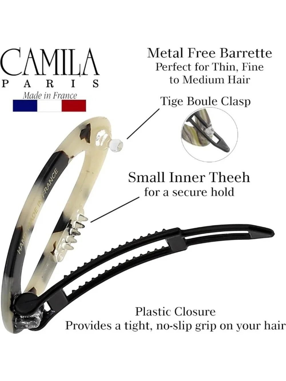 Handmade French Hair Barrette Clip - Metal-Free, Strong Hold, No Slip, Durable
